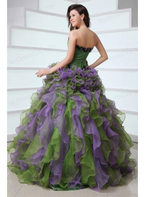 Multi-color Strapless Appliques and Ruffles Quinceanera Dress with Organza