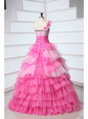 One Shoulder Beading and Ruffles Layered Quinceanera Dress in Pink