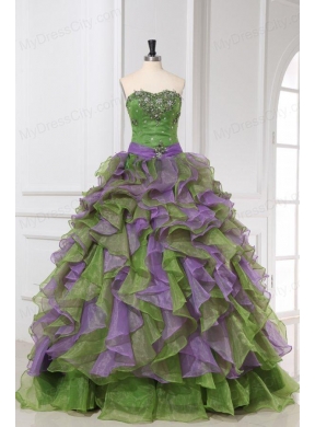 Organza Sweetheart Beading and Ruffles Quinceanera Dress in Multi-color