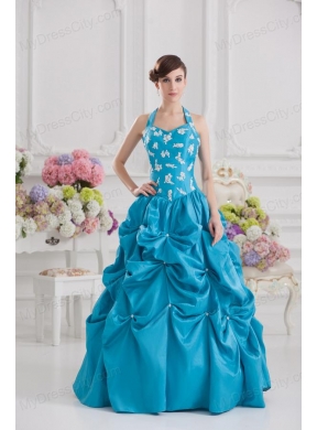 Princess Taffeta Appliques Ruffles Teal Quinceanera Dress with Halter Top