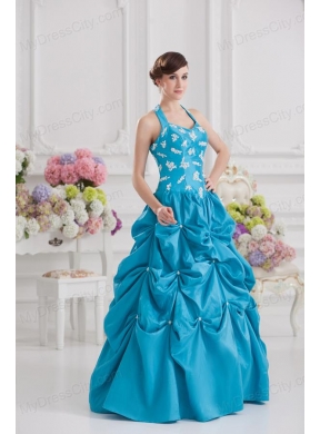 Princess Taffeta Appliques Ruffles Teal Quinceanera Dress with Halter Top