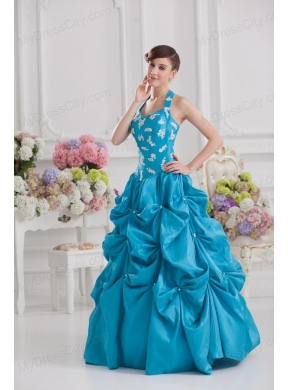 Princess Taffeta Appliques Ruffles Teal Quinceanera Dress with Halter Top