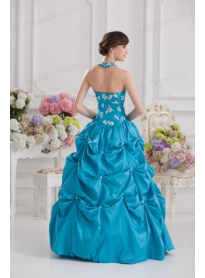 Princess Taffeta Appliques Ruffles Teal Quinceanera Dress with Halter Top