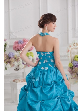 Princess Taffeta Appliques Ruffles Teal Quinceanera Dress with Halter Top