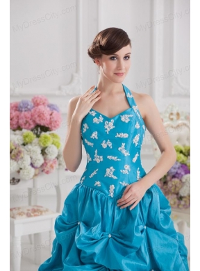 Princess Taffeta Appliques Ruffles Teal Quinceanera Dress with Halter Top