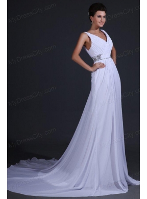 V-neck Chiffon Empire Court Train Wedding Dress with Beading