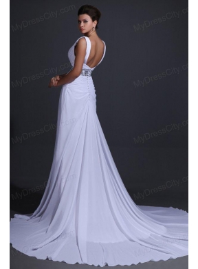 V-neck Chiffon Empire Court Train Wedding Dress with Beading