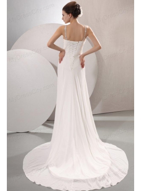 V-neck Empire Chiffon Beaded Decorate Court Train Wedding Dress