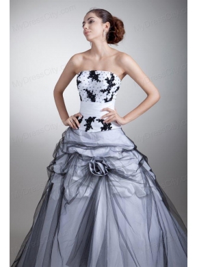 White and Black Strapless Appliques and Flowers Quinceanera Dress