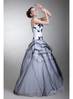 White and Black Strapless Appliques and Flowers Quinceanera Dress