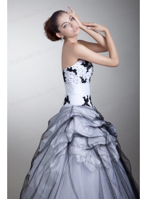 White and Black Strapless Appliques and Flowers Quinceanera Dress