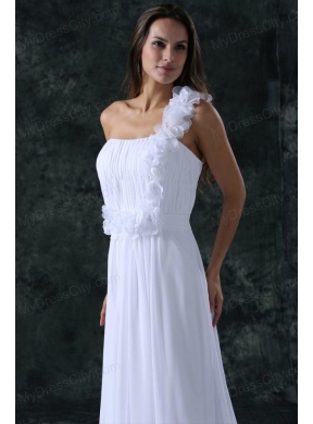 White Empire One Shoulder Ruching Brush Train Chiffon Wedding Dress