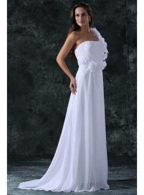 White Empire One Shoulder Ruching Brush Train Chiffon Wedding Dress