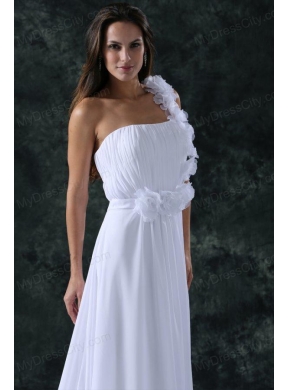 White Empire One Shoulder Ruching Brush Train Chiffon Wedding Dress