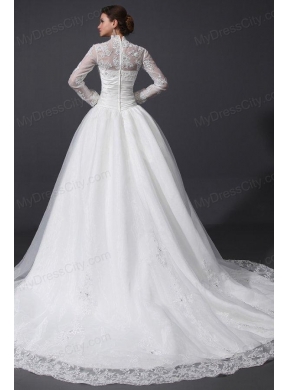 A-Line High Neck Organza Wedding Dress with Chapel Train with Appliques