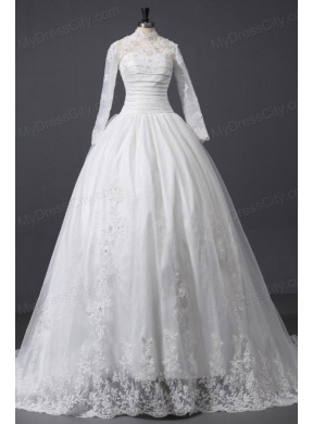 A-Line High Neck Organza Wedding Dress with Chapel Train with Appliques