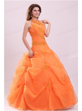 A-line Orange Halter Top Neck Appliques with Beading Quinceanera Dress