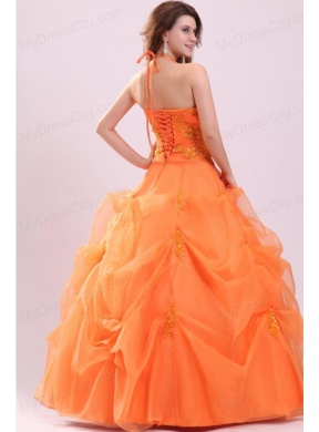 A-line Orange Halter Top Neck Appliques with Beading Quinceanera Dress