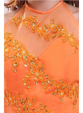 A-line Orange Halter Top Neck Appliques with Beading Quinceanera Dress