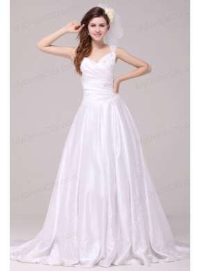 A-Line Straps Embroidery Taffeta Wedding Dress with Brush Train