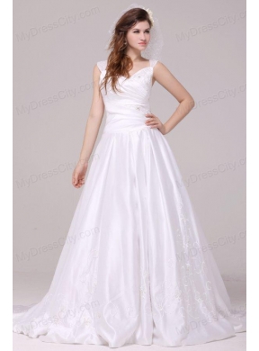 A-Line Straps Embroidery Taffeta Wedding Dress with Brush Train