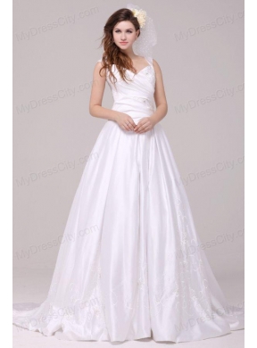 A-Line Straps Embroidery Taffeta Wedding Dress with Brush Train