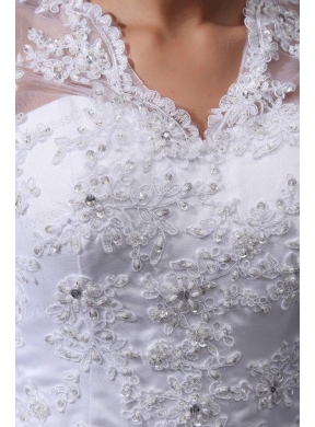 A-Line V-Neck Appliques 2014 Wedding Dress with Long Sleeves