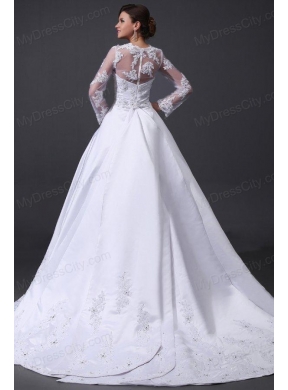 A-Line V-Neck Appliques 2014 Wedding Dress with Long Sleeves