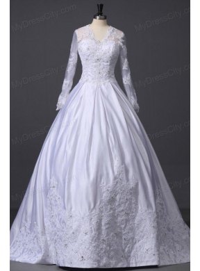 A-Line V-Neck Appliques 2014 Wedding Dress with Long Sleeves