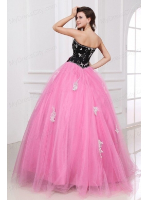 Black and Rose Pink Quinceanera  Dress with Beading and Appliques