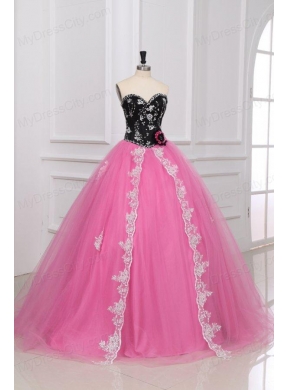 Black and Rose Pink Quinceanera  Dress with Beading and Appliques