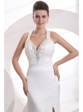 Column Halter Beading Taffeta Wedding Dress with Court Train