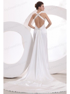 Column Halter Beading Taffeta Wedding Dress with Court Train