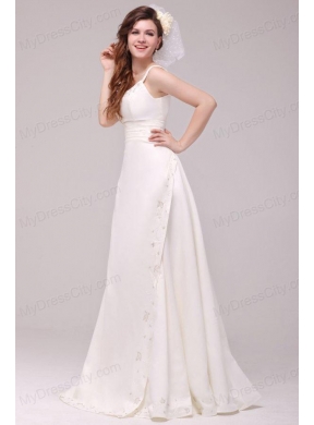 Column Straps Embroidery Taffeta Wedding Dress with Court Train