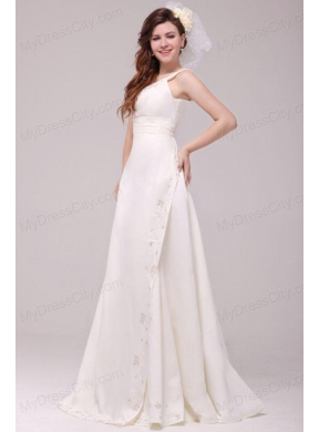 Column Straps Embroidery Taffeta Wedding Dress with Court Train