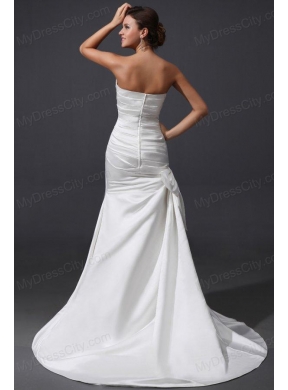 Column Sweetheart Brush Train Bowknot and Ruching Wedding Dress