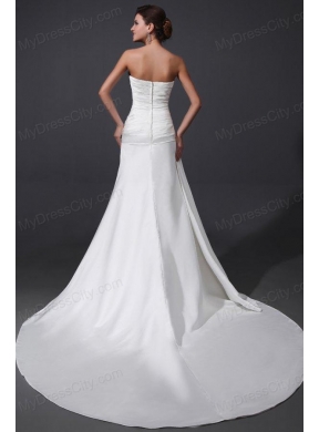 Elegant Column Strapless Ruching and Appliques Wedding Dress with Court Train