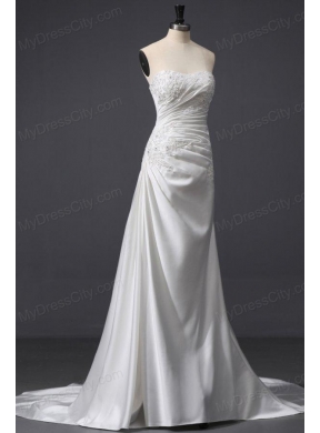 Elegant Column Strapless Ruching and Appliques Wedding Dress with Court Train