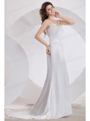 Fashionable Column V-Neck Brush Train Ruching Wedding Dress