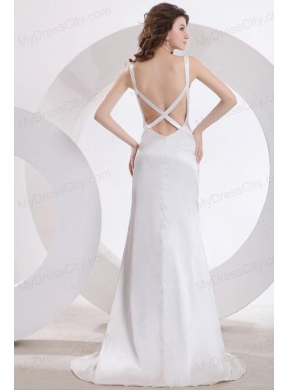 Fashionable Column V-Neck Brush Train Ruching Wedding Dress