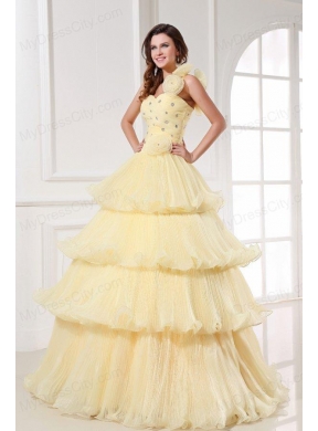 Light Yellow One Shoulder Beading and Pleats A-line Quinceanera Dress