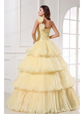 Light Yellow One Shoulder Beading and Pleats A-line Quinceanera Dress