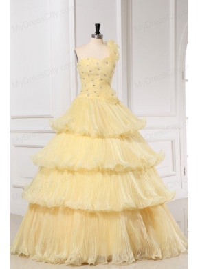 Light Yellow One Shoulder Beading and Pleats A-line Quinceanera Dress