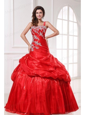 One Shoulder Red Organza Long Quinceanera Dress with Appliques