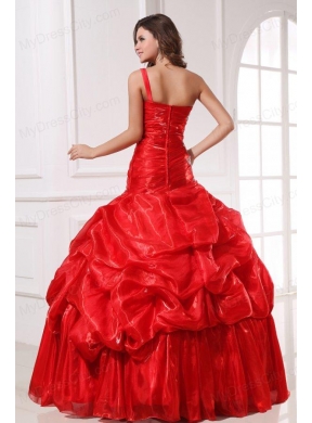 One Shoulder Red Organza Long Quinceanera Dress with Appliques