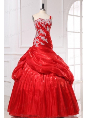 One Shoulder Red Organza Long Quinceanera Dress with Appliques