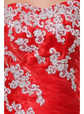 One Shoulder Red Organza Long Quinceanera Dress with Appliques