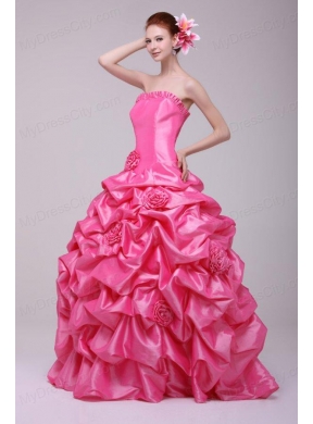 Rose Pink Strapless Hand Made Flowers and Pick-ups Quinceanera  Dress