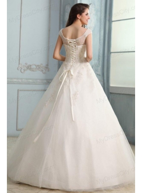 Scoop Ball Gown Champagne Appliques and Beading Floor-length Wedding Dress