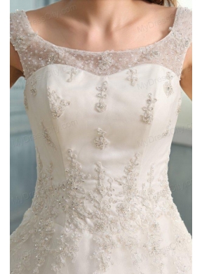 Scoop Ball Gown Champagne Appliques and Beading Floor-length Wedding Dress